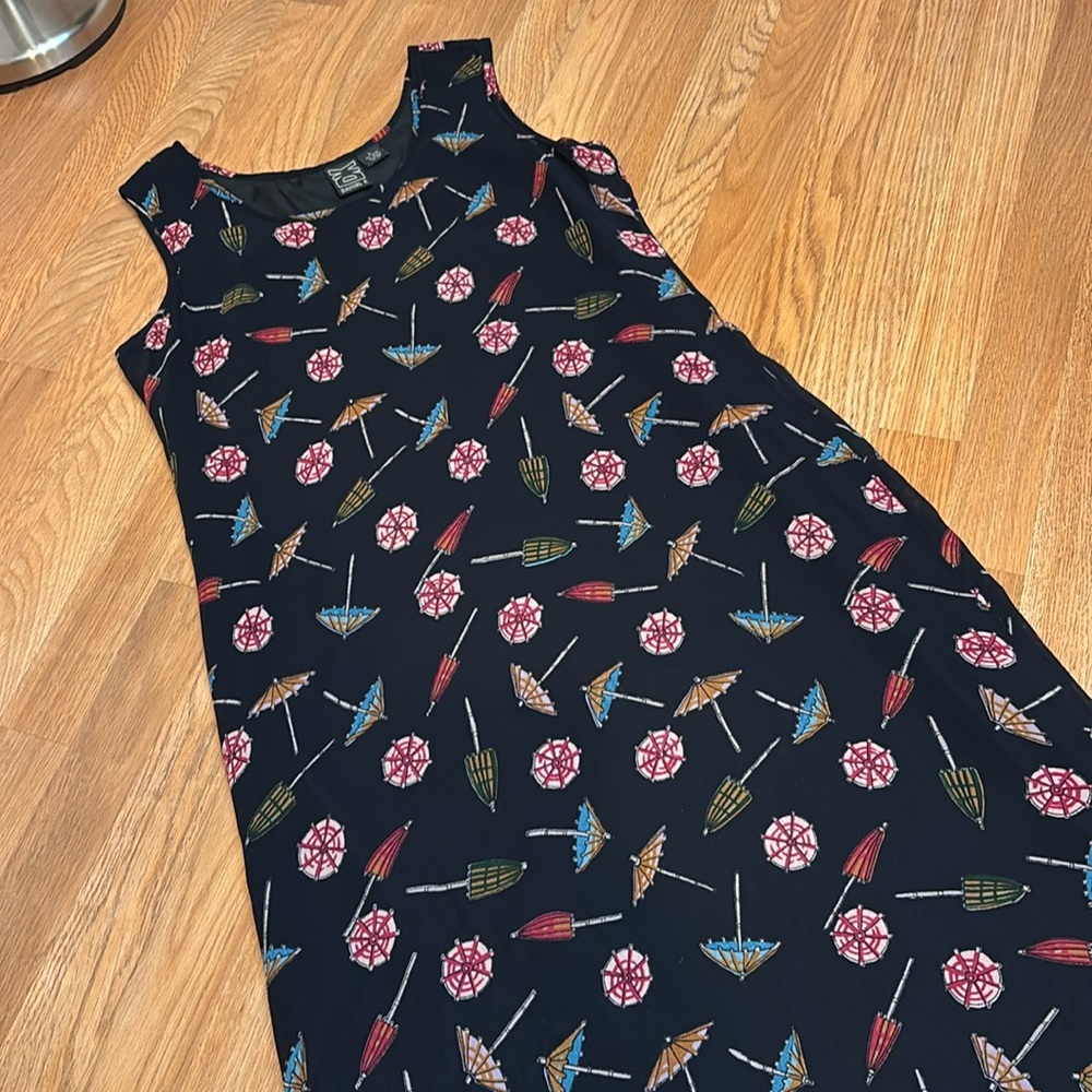 Vintage 1990’s Daniel K Black Dress with Floral and Umbrella Design. Size L.